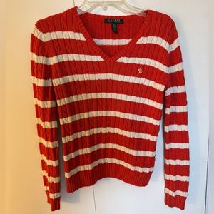 Orange and White Striped Women's vneck cable-knit Sweater